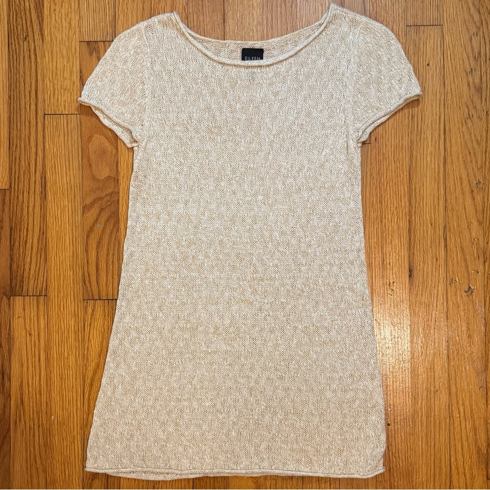 EILEEN FISHER 100% Linen Rolled Bateau Neck Tunic Sweater Beige Heather Size XS